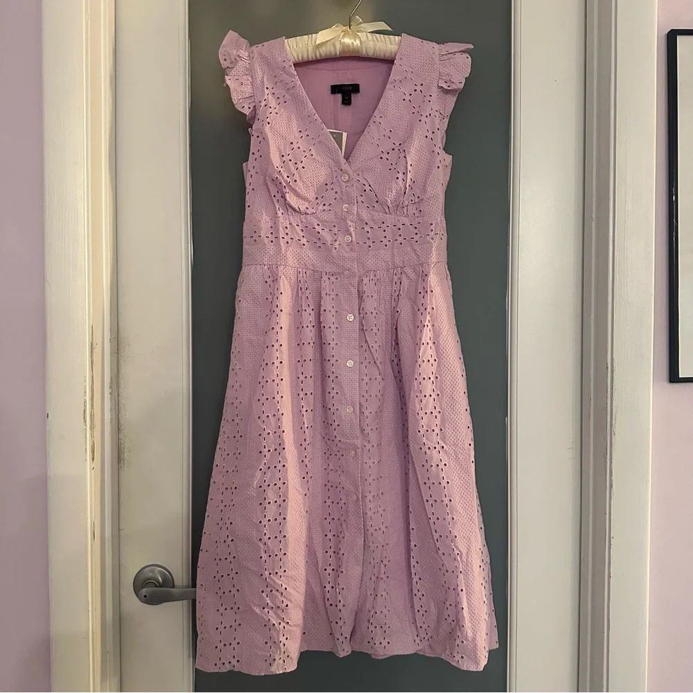 NWT J. Crew fresh lavender mist ruffle sleeve Eyelet Midi Dress